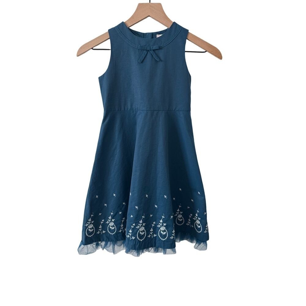 Janie and Jack Girls Blue‎ Embroidered Bow Dress Tulle Hem Size 6 Spring